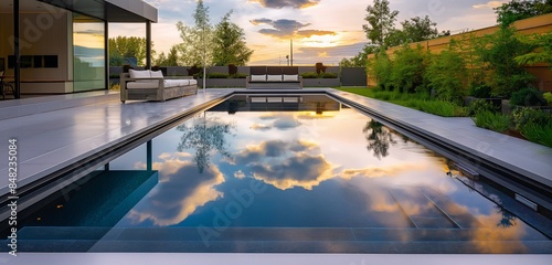 A luxurious backyard with a modern infinity pool reflecting the sky, surrounded by minimalist landscaping and sleek outdoor furniture. © AD Graphics