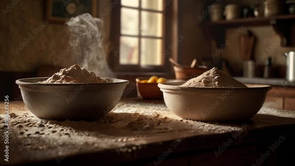 Two Bowls of Flour with Steam Rising in Rustic Kitchen Setting Two Bowls of Flour with Steam Rising in Rustic Kitchen Setting