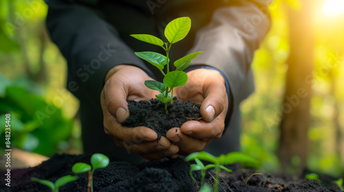 Hands Holding Seedling in Rich Soil. A close-up of hands gently holding a young seedling in rich soil, symbolizing growth, nurturing, and environmental sustainability.