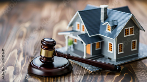Real estate auction with gavel and model house. A gavel placed beside a detailed model house on a wooden surface, symbolizing the process of real estate auctions and property sales.