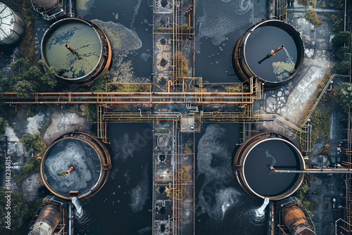 Old abandoned sewage treatment plant with cylindrical tanks. Aerial view shot