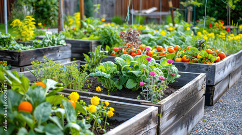 Raised garden beds filled with colorful vegetables and flowers