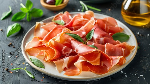Gourmet prosciutto with fresh basil on a ceramic plate
