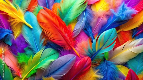 Colorful close-up of vibrant feathers creating a vivid background, feathers, close-up, colorful, vibrant, bright, texture © joompon