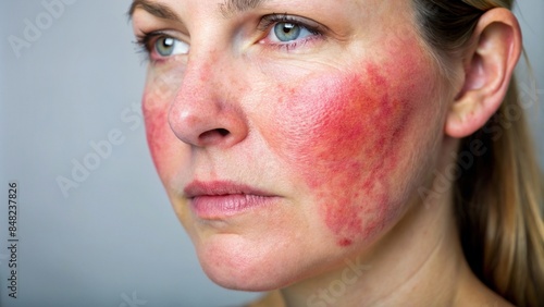 Closeup of a woman's inflamed cheek with visible rosacea , skin condition, redness, inflammation