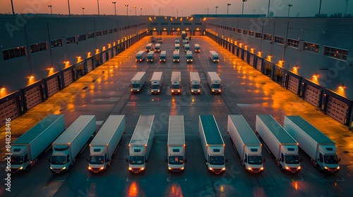 A fleet of delivery trucks parked in a logistics center, ready for dispatch
