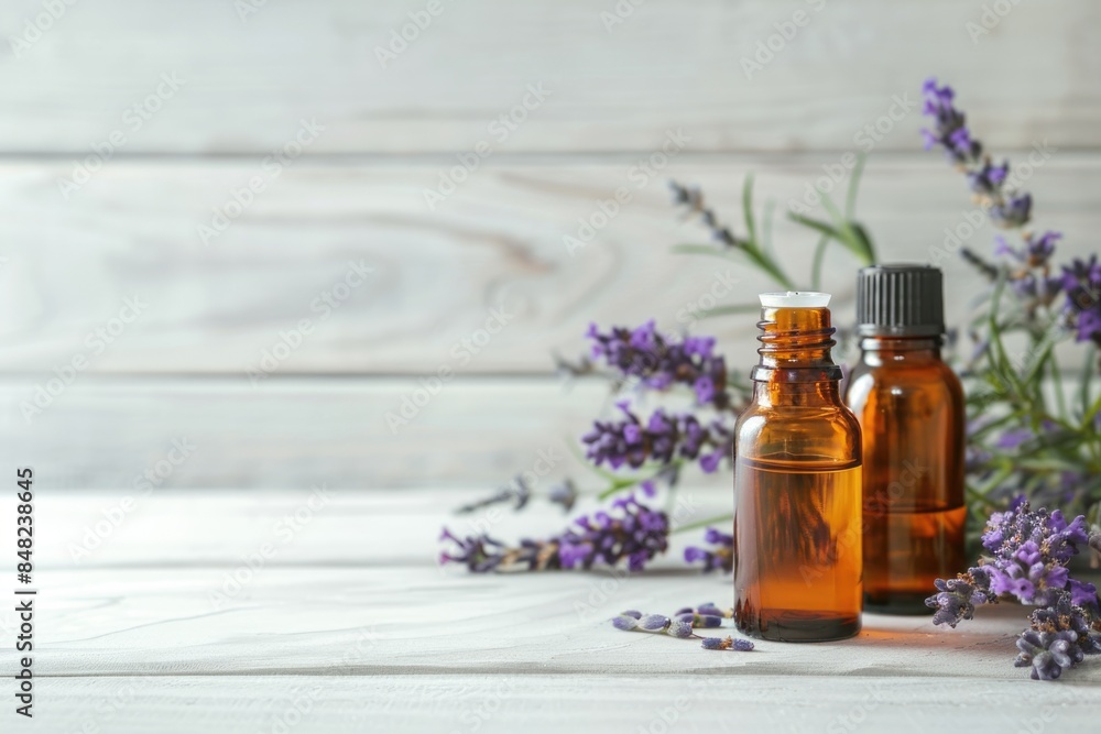 Essential oils for aromatherapy with lavender bouquet on wood. Essential oils for aromatherapy with lavender bouquet on wood.