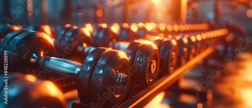 Dumbbells neatly arranged on a rack in a gym, with warm lighting creating a motivating atmosphere 8K , high-resolution, ultra HD,up32K HD