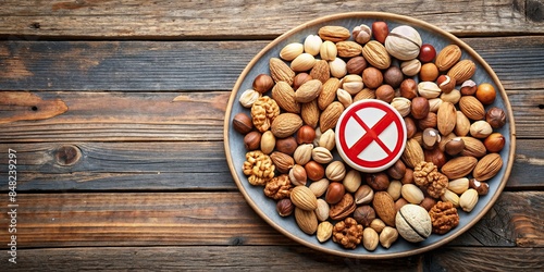 Plate of assorted tree nuts with warning sign for nuts allergy, nuts, allergy, caution, risk, health, plate, assortment