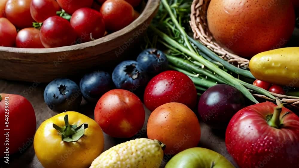 Assortment of Fresh Fruits and Vegetables on Wooden Table Assortment of Fresh Fruits and Vegetables on Wooden Table