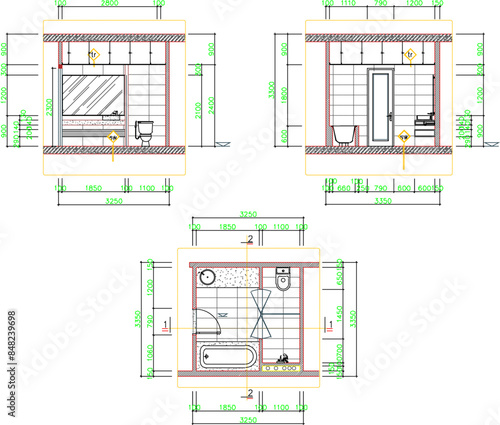 ector silhouette illustration sketch, detailed drawing of architectural engineering design, floor plan and bathroom interior with a size scale