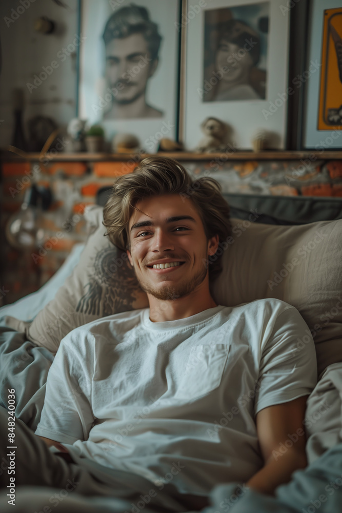 Fototapeta premium Caucasian man happily resting in his bedroom.