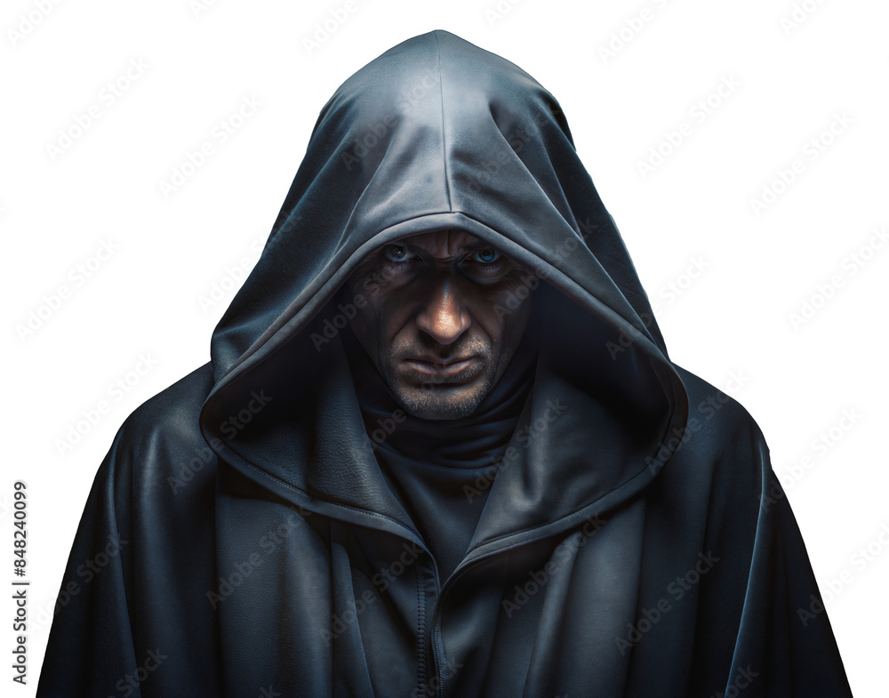Man in a dark hooded cloak, cut out - stock png. Man in a dark hooded cloak, cut out - stock png.