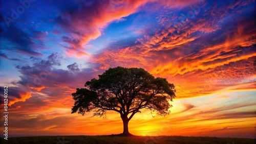Large tree silhouette against a colorful sunset sky, nature, landscape, outdoors, tree, silhouette, sunset, sky
