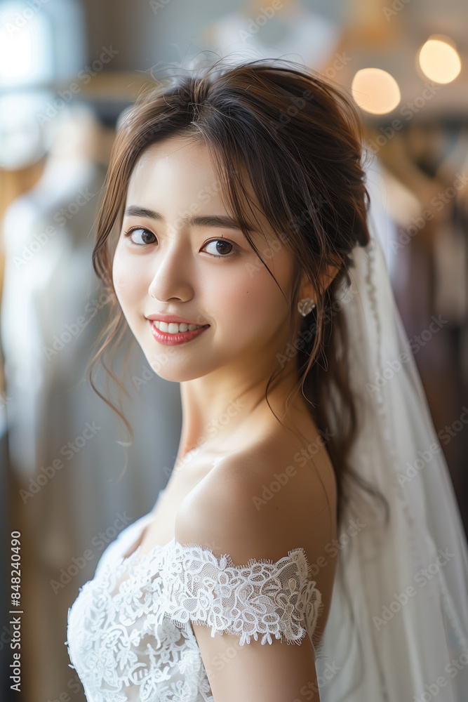 Naklejka premium Asian woman in wedding dress looking at camera with confidence in wedding dress shop.