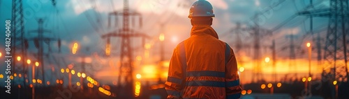 Electrical engineer in safety attire, standing in front of illuminated power towers during dusk 8K , high-resolution, ultra HD,up32K HD