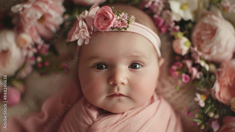 Cute newborn baby girl adorned with a pink floral ribbon Cute newborn baby girl adorned with a pink floral ribbon
