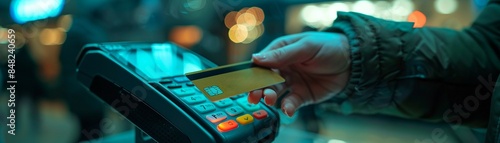 Hand with a credit card making a contactless payment at a POS terminal, highlighting modern transaction technology 8K , high-resolution, ultra HD,up32K HD photo