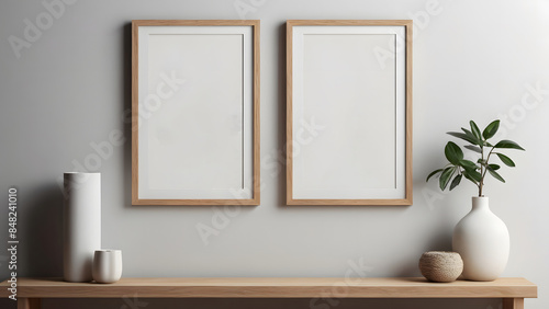 Mockup of two poster, photo frame on wooden table with white wall background