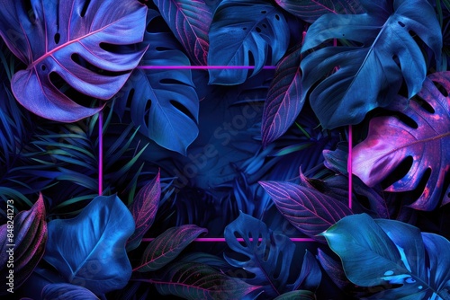 Tropical leaves in neon colors with blue tone.