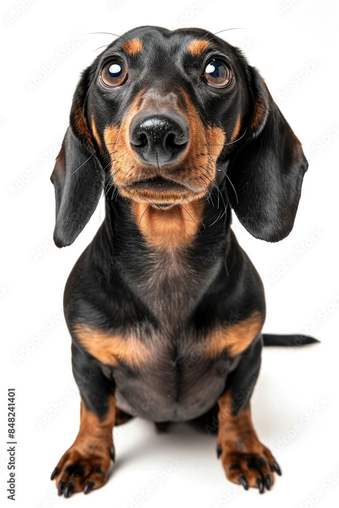 Adorable Black and Tan Dachshund Puppy with Big Eyes Sitting on White Background - Cute Pet Portrait Adorable Black and Tan Dachshund Puppy with Big Eyes Sitting on White Background - Cute Pet Portrait