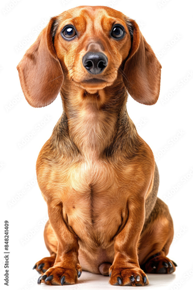 Adorable Dachshund Puppy Sitting and Looking at Camera with Curious Expression on White Background - Perfect for Pet Lovers and Animal-Themed Projects Adorable Dachshund Puppy Sitting and Looking at Camera with Curious Expression on White Background - Perfect for Pet Lovers and Animal-Themed Projects