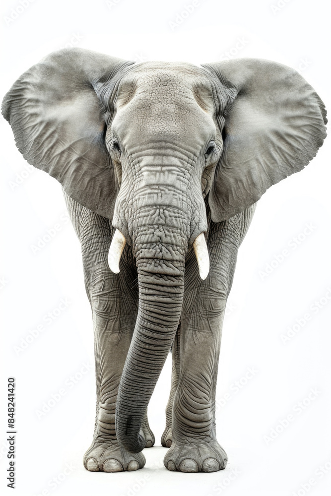 Fototapeta premium Majestic African Elephant Standing Tall with Large Ears and Trunk in Full View Against a White Background
