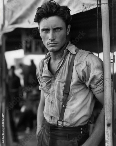 Grainy archival 1930's portrait of young carnival worker during the Depression. In the style of the FSA program during the Dust Bowl.