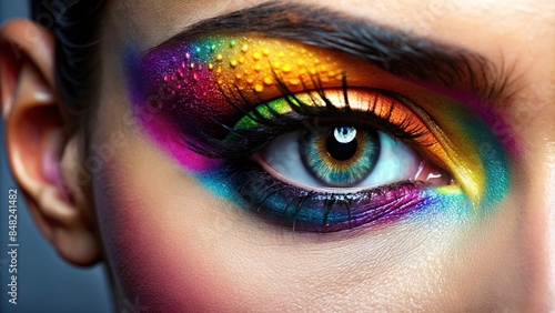 Close-up of a woman's eye with vibrant makeup, eye, close-up, woman, vibrant, makeup, beauty, cosmetic, detail, eyelash