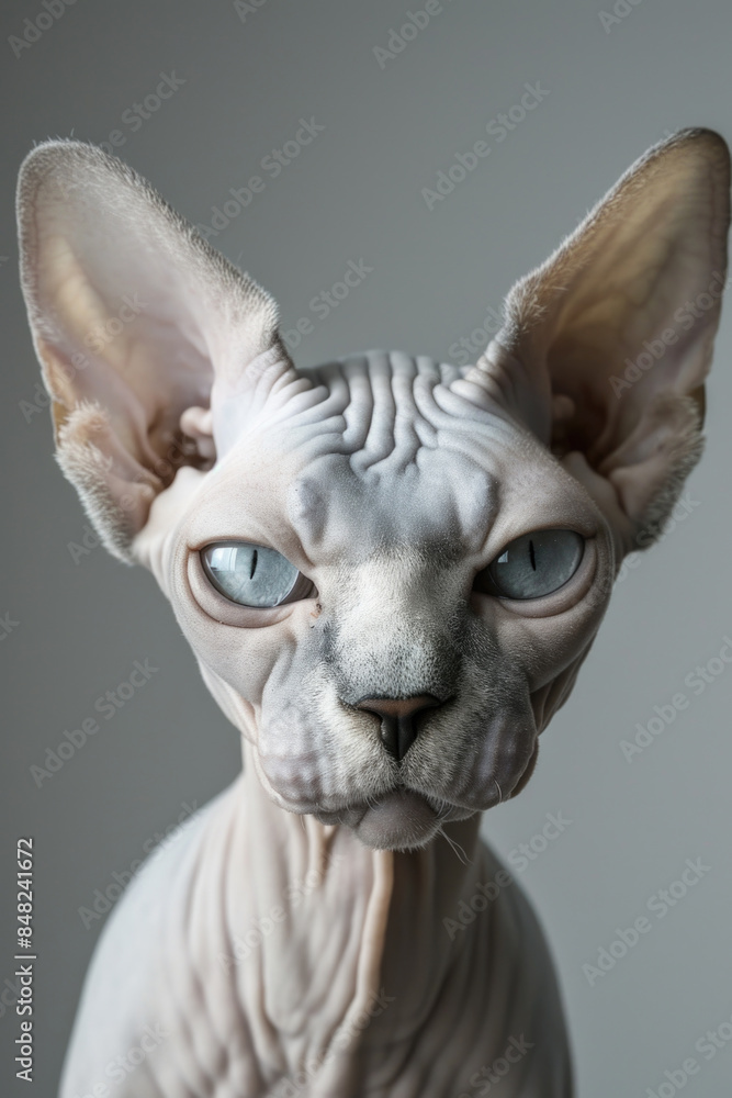 Naklejka premium Close-Up Portrait of a Hairless Sphynx Cat with Blue Eyes Against a Neutral Background