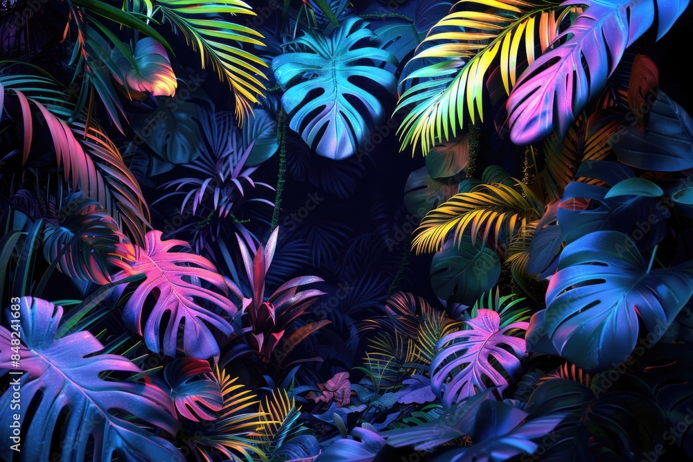 Futuristic art with tropical plants in glowing forest setting. Futuristic art with tropical plants in glowing forest setting.