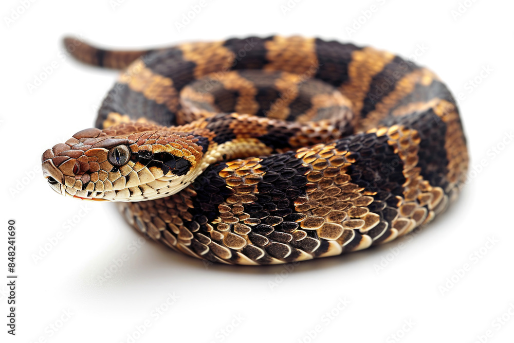 Close-Up of a Coiled Snake with Intricate Patterns and Textures on White Background - Perfect for Nature, Wildlife, and Reptile-Themed Projects Close-Up of a Coiled Snake with Intricate Patterns and Textures on White Background - Perfect for Nature, Wildlife, and Reptile-Themed Projects