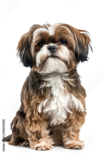 Adorable Shih Tzu Dog Sitting Against White Background, Fluffy Brown and White Fur, Cute Expression, Perfect for Pet Lovers and Animal-Themed Projects, High-Resolution Stock Photo