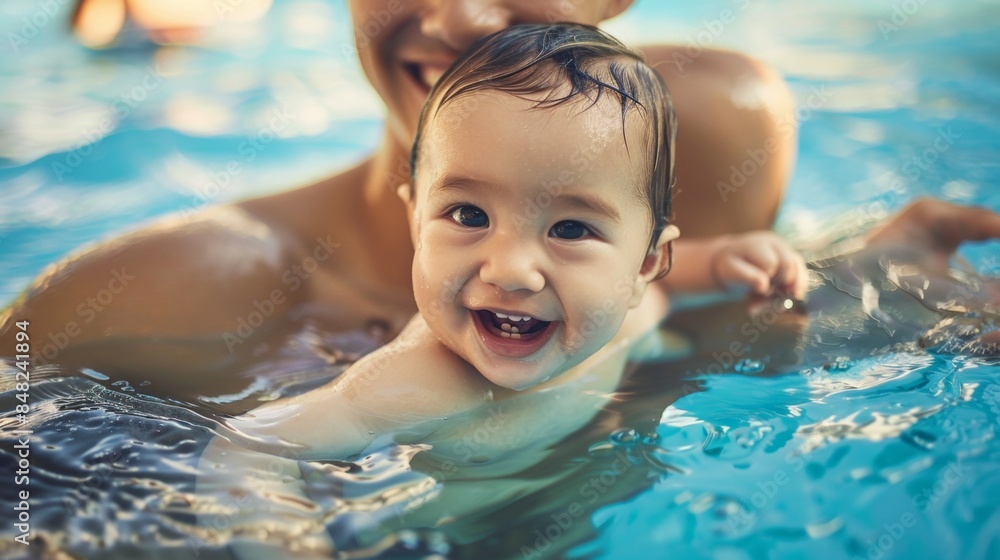 Little baby having fun in water with parents. Little baby having fun in water with parents.