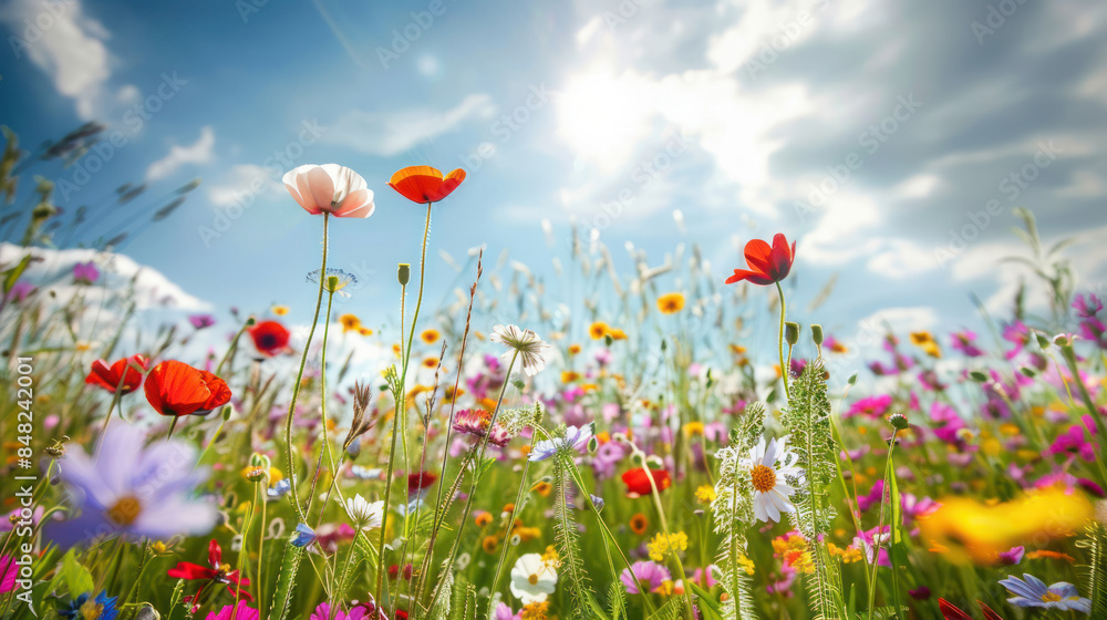 Summer meadow with colorful wildflowers and a bright, sunny sky Summer meadow with colorful wildflowers and a bright, sunny sky