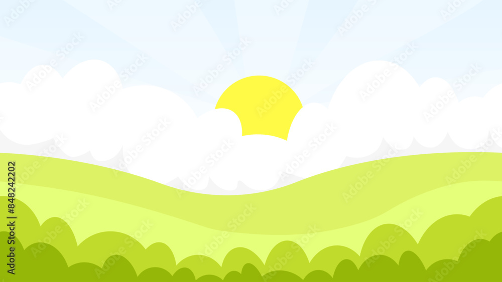 Obraz premium Summer bright landscape of green field, sky and sun