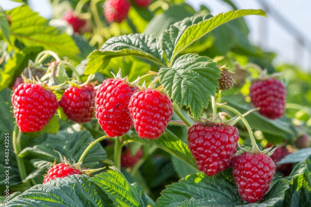 Ripe red raspberries growing in sunlight Ripe red raspberries growing in sunlight