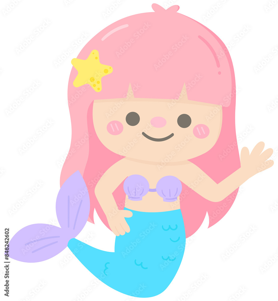 Cute Sea Animal in Children Style Cartoon illustration pink mermaid Cute Sea Animal in Children Style Cartoon illustration pink mermaid