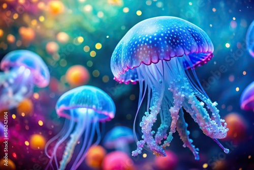 Closeup view of blue bottles jellyfish on colorful background, blue, bottles, jellyfish, closeup, view, colorful photo