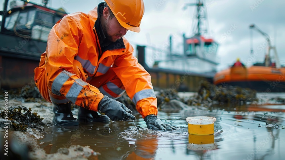 Environmental engineer at an oil spill site taking water samples Environmental engineer at an oil spill site taking water samples