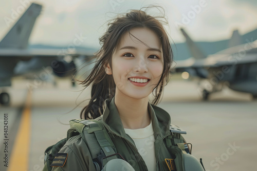 Wallpaper Mural Asian female Air Force pilot looking at camera in fighter jet parking lot. Torontodigital.ca