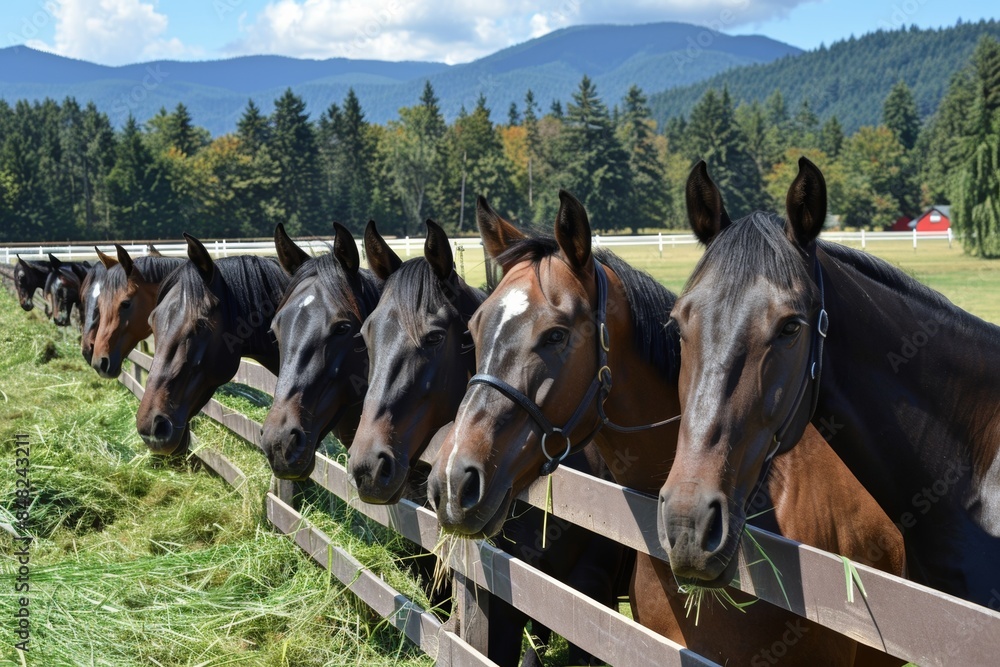 Row of horses standing by a fence with scenic mountains in the background Row of horses standing by a fence with scenic mountains in the background