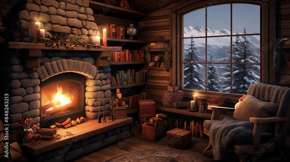 Cozy Rustic Cabin Interior with Roaring Fireplace Cozy Rustic Cabin Interior with Roaring Fireplace