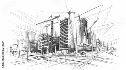 Fototapeta Naklejka Na Ścianę i Meble -  A handdrawn sketch of a construction site is illustrated in vector format