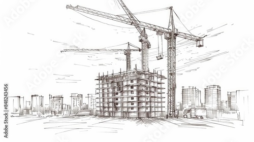 A handdrawn sketch of a construction site is illustrated in vector format