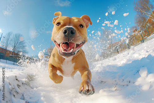 Staffordshire Bull Terrier happily playing in snow in a park on a sunny winter day, dramatic action shot close up photo