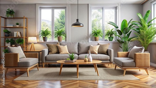 Cozy living room with two couches, a table, and potted plants, cozy, living room, couches photo