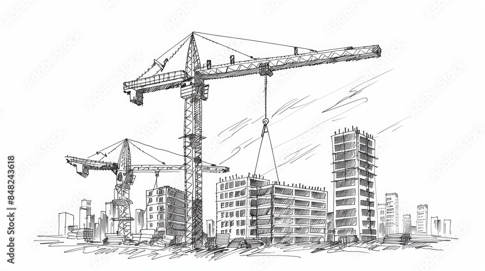 A handdrawn sketch of a construction site is illustrated in vector format A handdrawn sketch of a construction site is illustrated in vector format