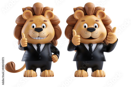 Two cartoon lion mascots in suits giving a thumbs up