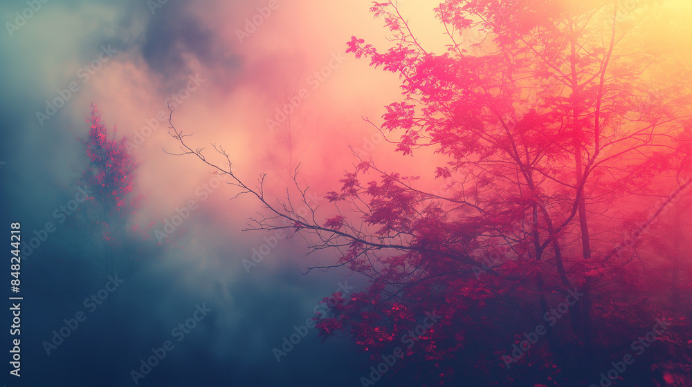 Naklejka premium A captivating scene of a forest during what appears to be the early hours of the morning or late afternoon. The sun casts a soft, golden hue, illuminating the mist that envelops the trees.
